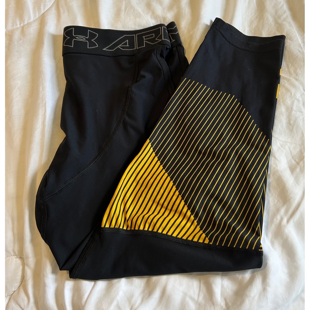 Under Armour HeatGear Compression Leggings Mens Large Black Yellow Graphic Print